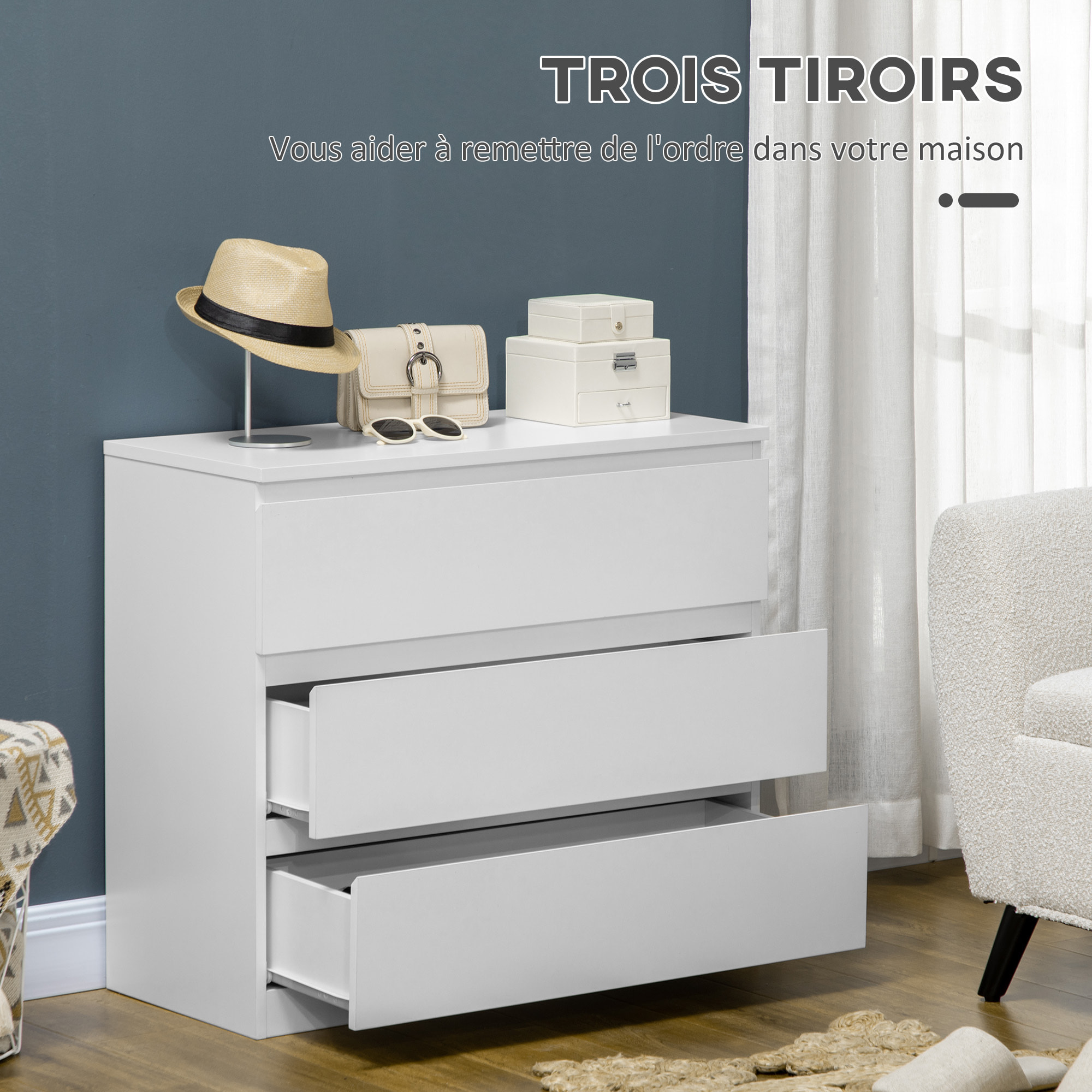 Commode 3 tiroirs coulissants dim. 80L x 39l x 73H cm panneau particules blanc