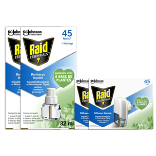 RAID ESSENTIALS 2 DIFFUSEURS ELECTRIQUES LIQUIDES ET 4 RECHARGES ELECTRIQUES LIQUIDES 45 NUITS