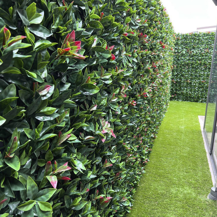 Well home jardín vertical artificial, panel de seto 100x100cm, para decoración interior y exterior - hojas verdes realistas con detalles rojos