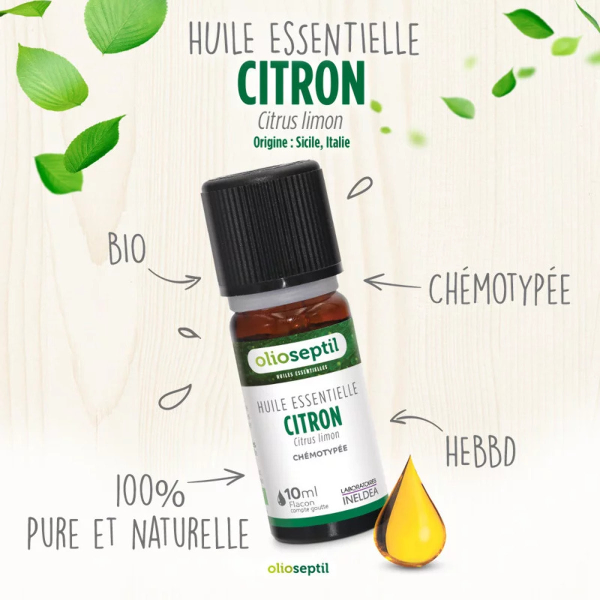 OLIOSEPTIL - Huile essentielle de Citron - 100% Pure et naturelle - BIO - HEBBD (biochimiquement et botaniquement définie) - 100% origine naturelle - Flacon 10ml