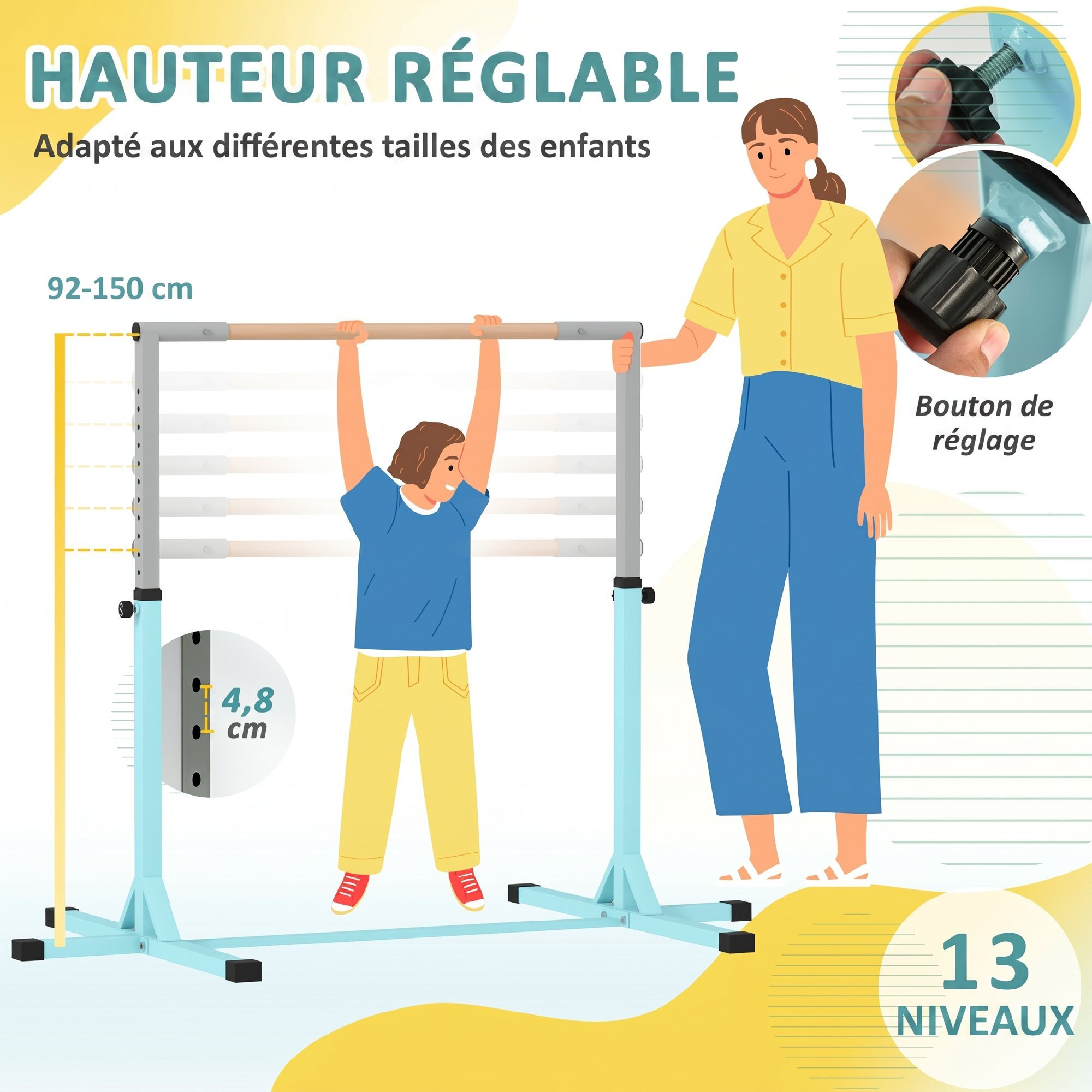 Barre fixe de gymnastique enfant - barre de gymnastique hauteur réglable 13 niveaux 92 à 150 cm - acier cyan bois massif hêtre