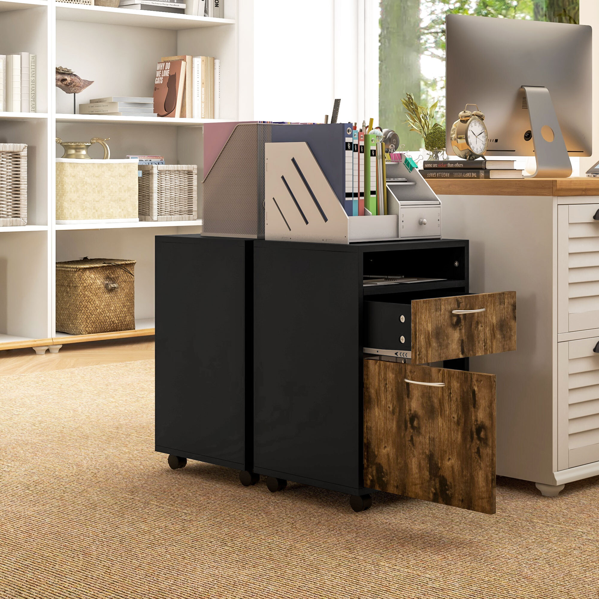 Caisson de bureau rangement bureau sur roulettes tiroir placard niche panneaux particules brun rustique