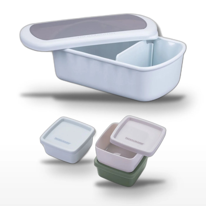 Lot Lunchbox Bleue et Set 3 Boîtes à Sauce Fackelmann Storage