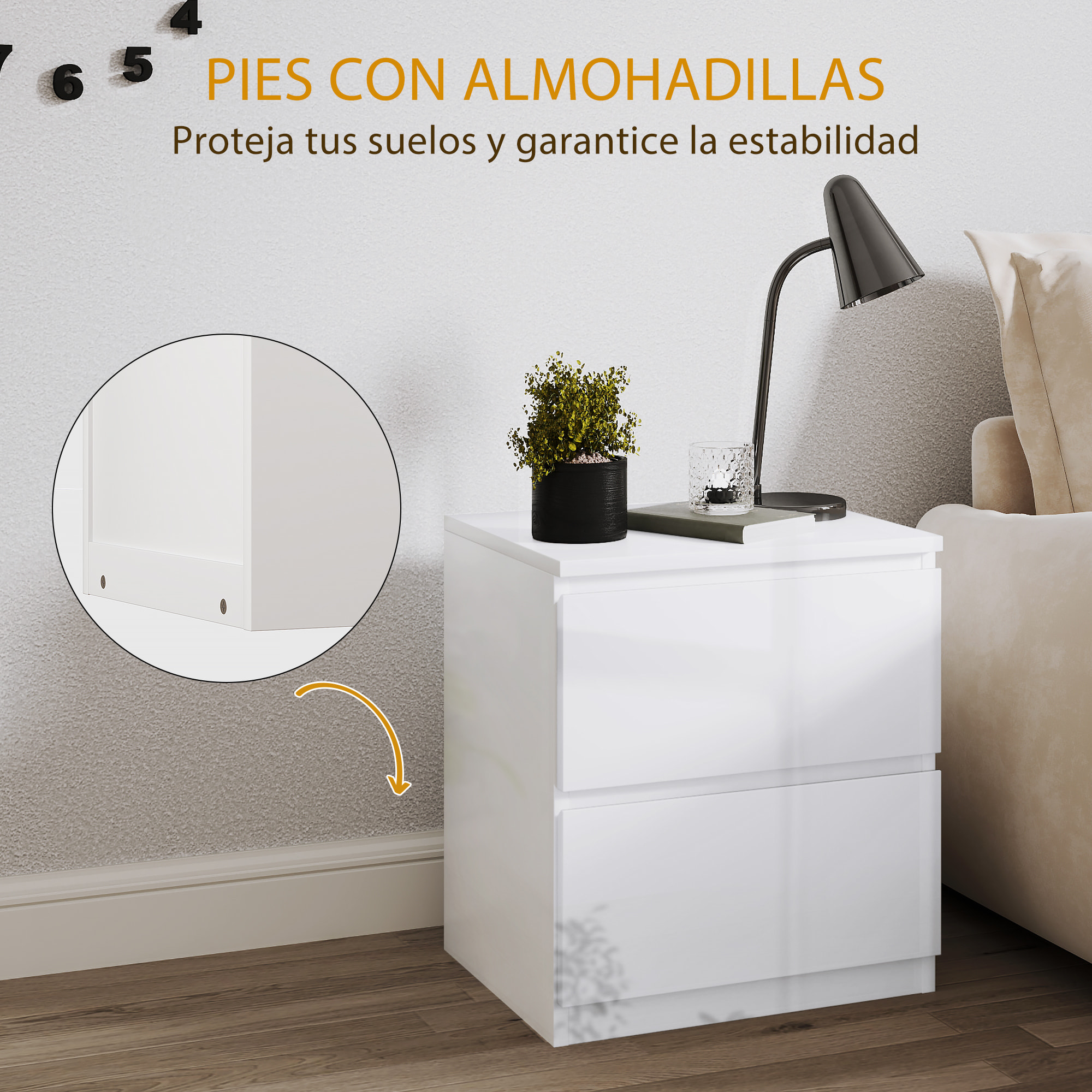 Mesita de Noche Moderna Mesilla de Noche con 2 Cajones Mesa de Noche para Dormitorio Salón 40x34x45 cm Blanco Brillo