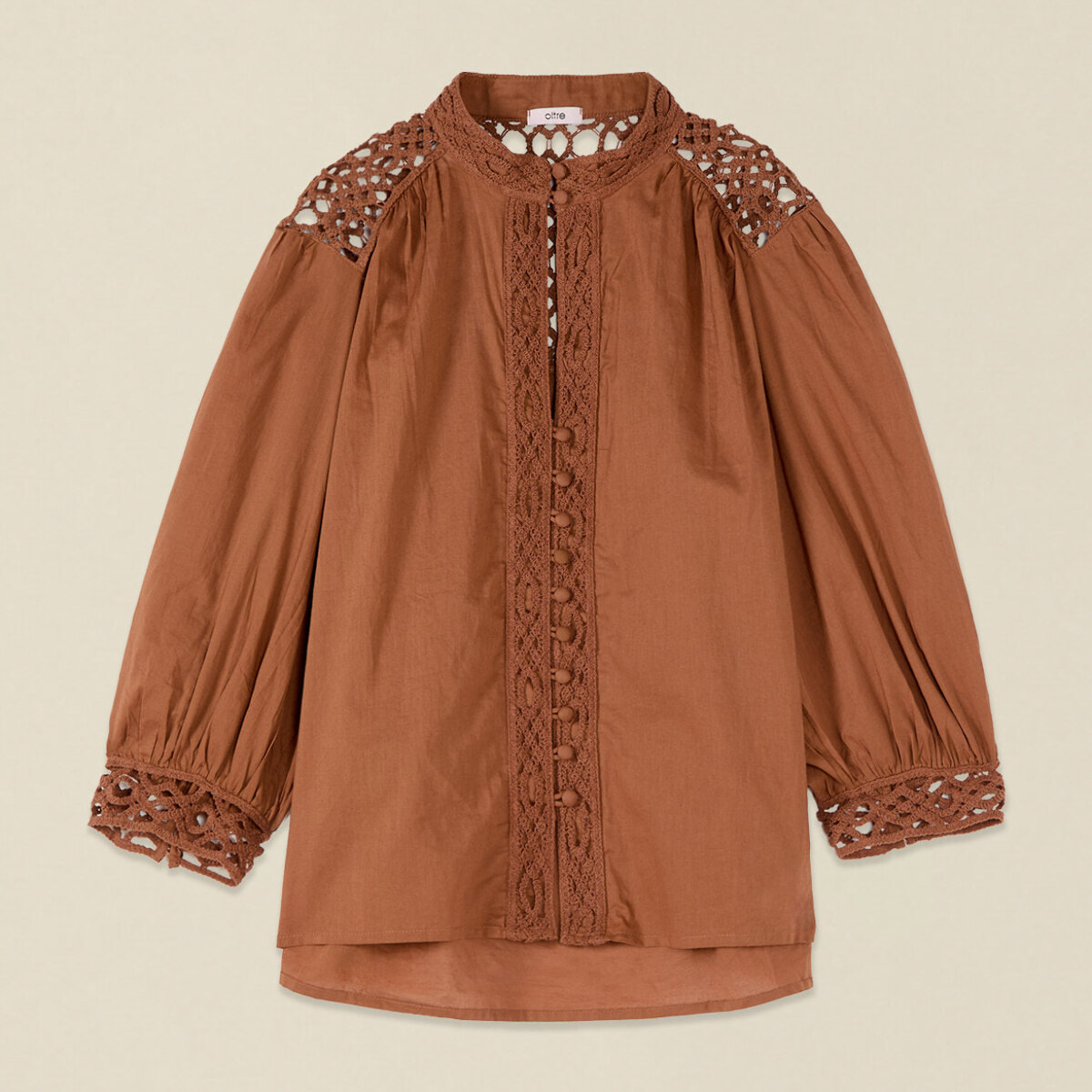 Oltre - Blusa in cotone con inserti in macramé - Marrone