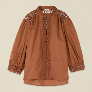 Oltre - Blusa in cotone con inserti in macramé - Marrone