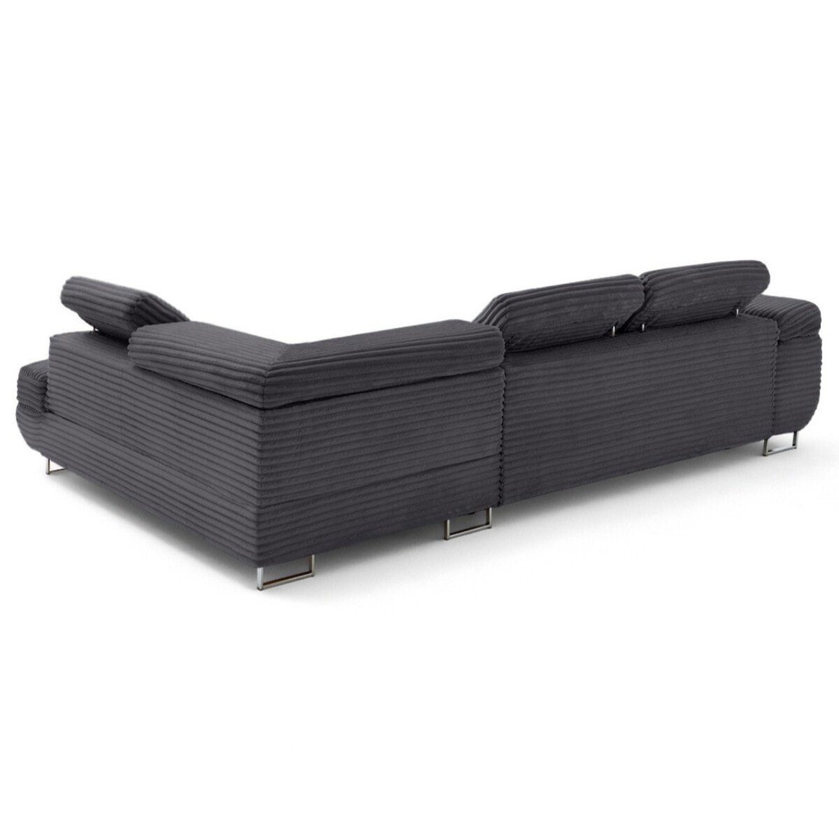 Zaria - canapé d'angle droit 5 places convertible avec coffre et têtières en velours côtelé grosses côtes - Gris