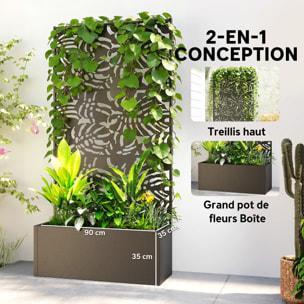 Jardinière treillis haut design graphique feuilles bananier 90 x 37 x 180 cm métal époxy noir