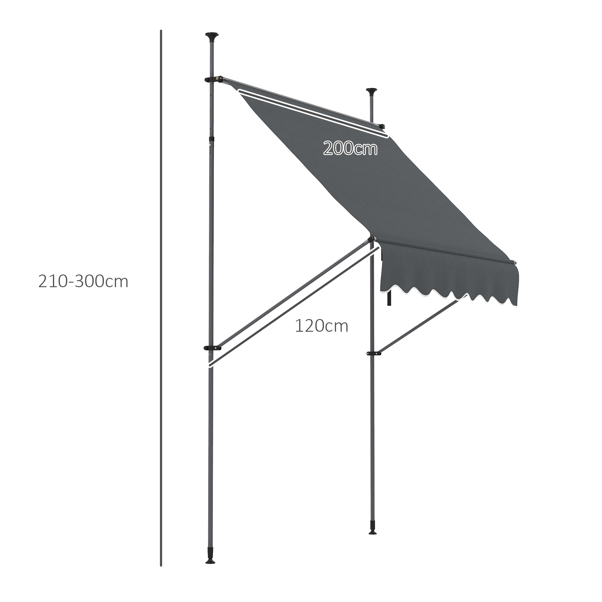 Toldo Manual Retráctil con Manivela 200x120x210-300 cm Toldo para Balcón con Altura Ajustable Impermeable y Anti-UV para Jardín Terraza Gris Oscuro