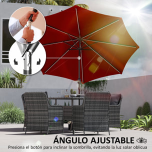 Sombrilla Terraza Exterior con Luces LED Solares Ø292x252 cm Sombrilla de Jardín con Inclinación Ajustable hasta 45° Impermeable y Manivela Parasol para Patio Piscina sin Base Burdeos