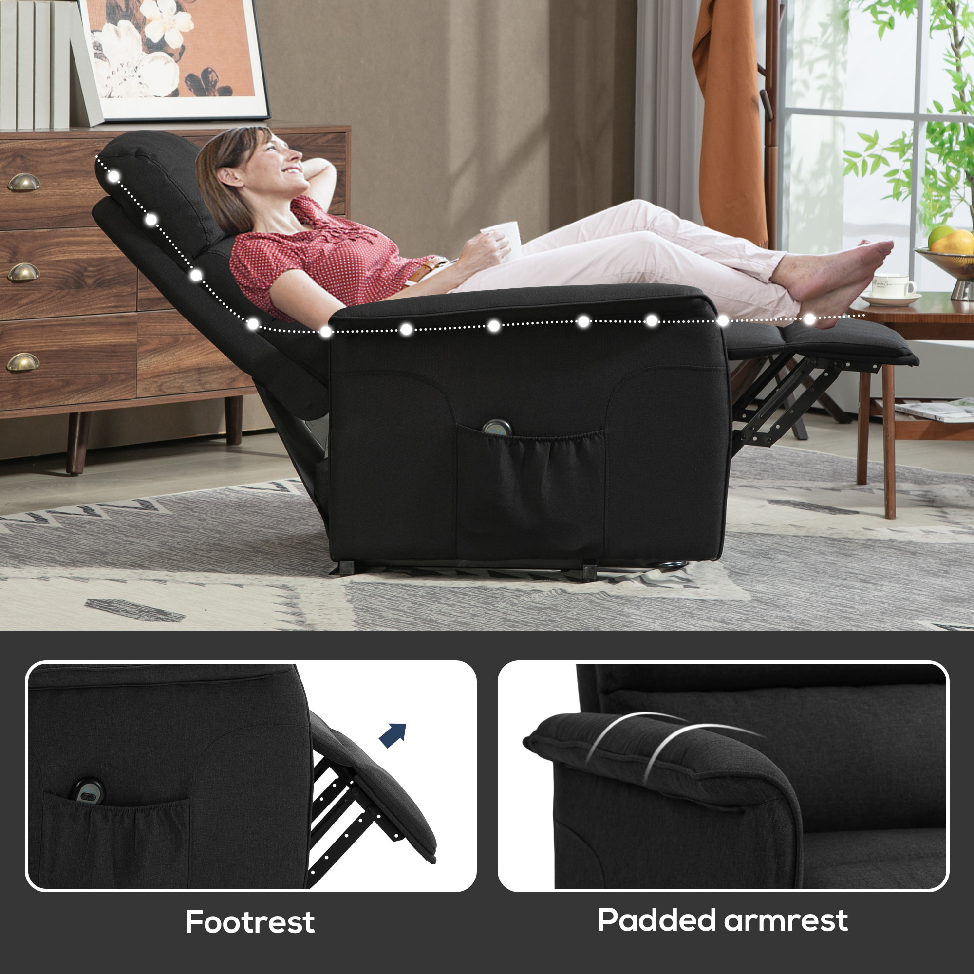 Sillón Relax Reclinable Eléctrico Levanta Personas, Sillón Elevador con Control Remoto, Reposapiés, Tapizado en Lino, Bolsillo Lateral, para Salón, Dormitorio, Negro
