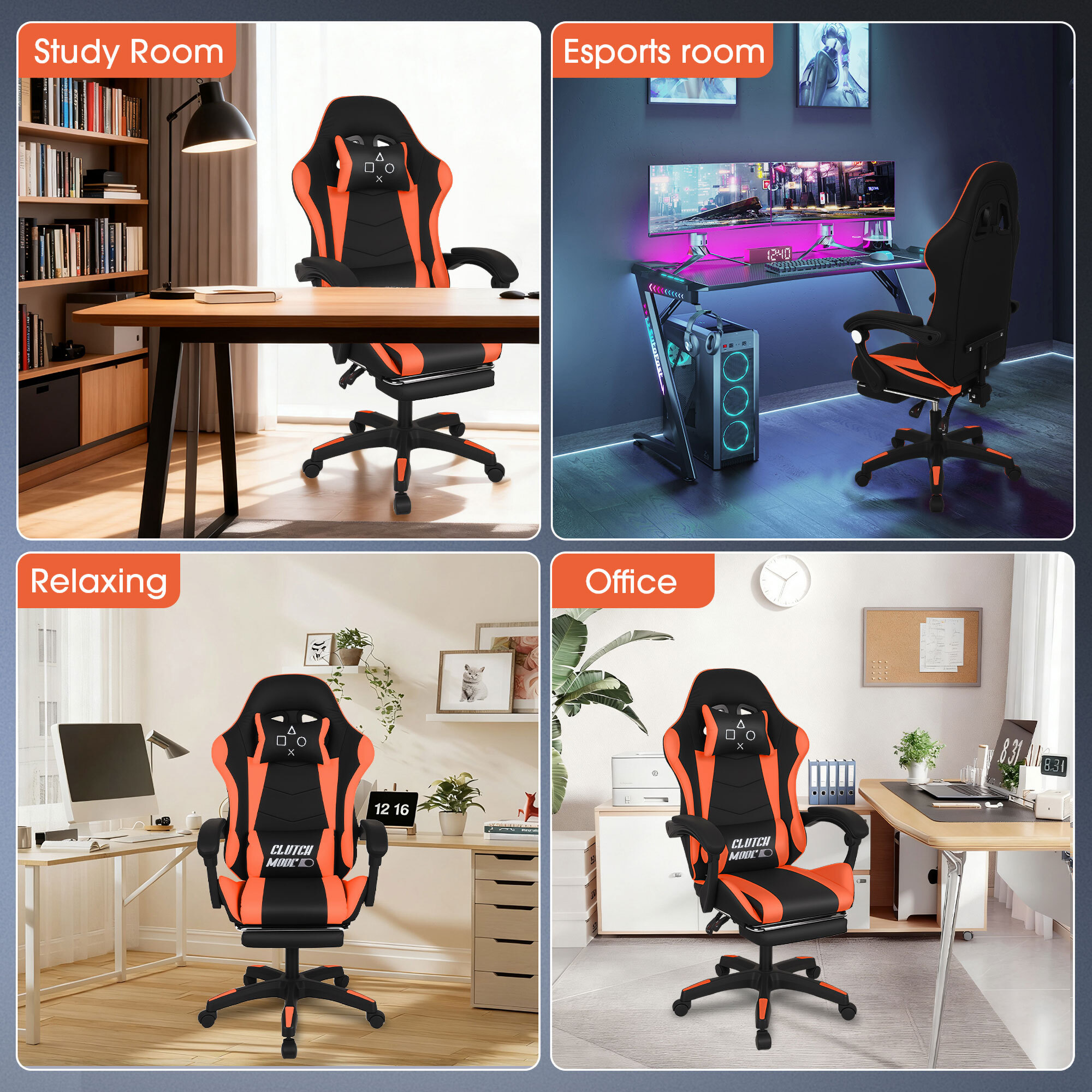 Clutch - Sedia da Gaming Ergonomica con Cuscino Lombare Poggiatesta e Poggiapiedi in PVC Nera e Rossa