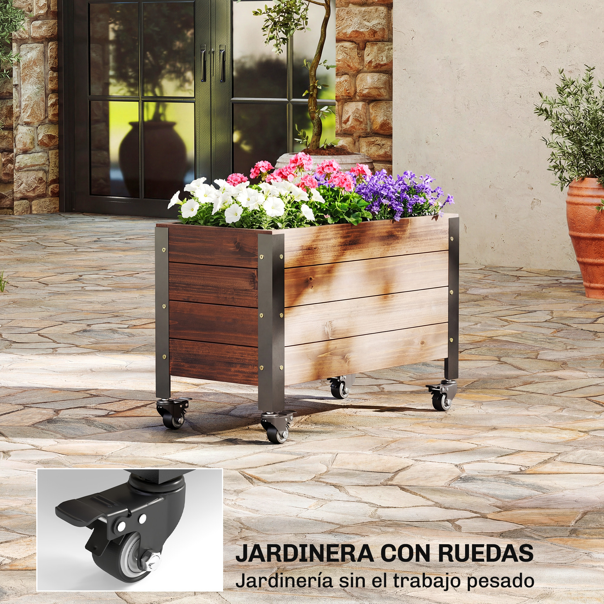 Jardinera Exterior de Madera con Ruedas, Huerto Urbano Elevado con Orificio de Drenaje y Tela no Tejida, Macetero Exterior Rectangular para Jardín, Terraza, 60x30x41 cm, Marrón Oscuro