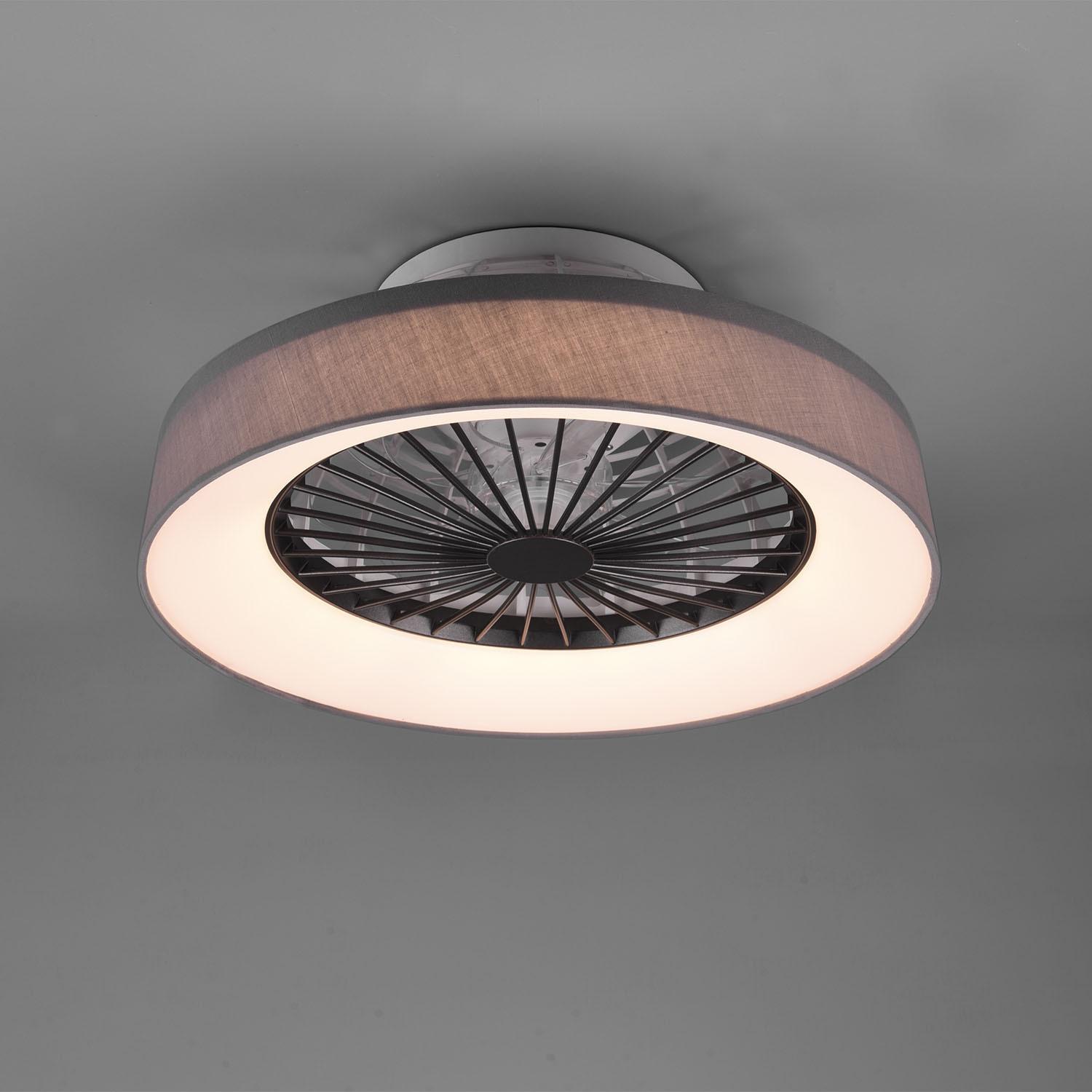 Faresund - Ventilatore e plafoniera LED Ø47 cm con bordo in tessuto grigio, telecomando, dimmer, timer, luce notturna ed effetto stelle