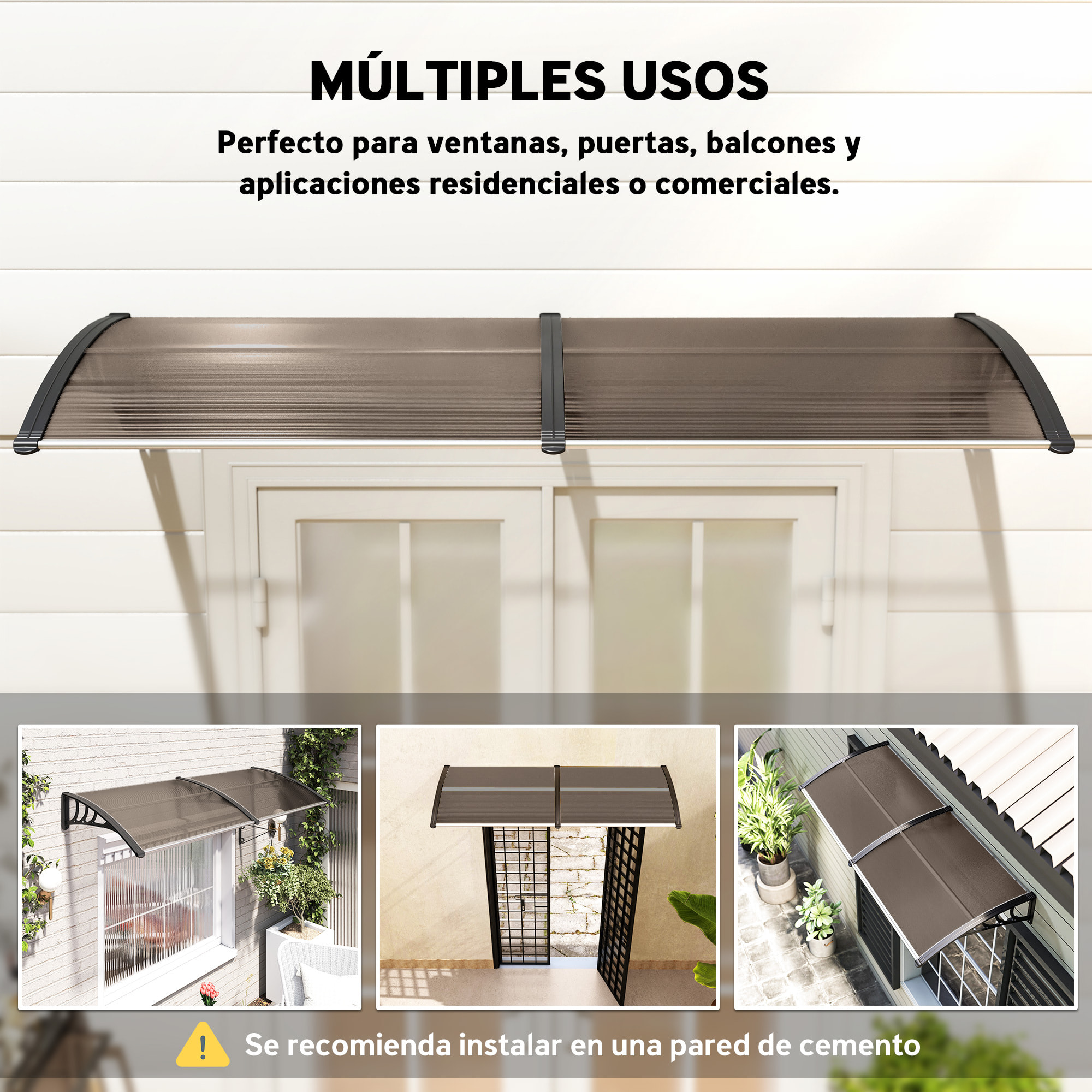 Marquesinas Exterior para Puertas y Ventanas, 195x75 cm, Tejadillo de Protección contra Sol y Lluvia, con Cubierta de Policarbonato, Soporte de Aleación de Aluminio, Marrón