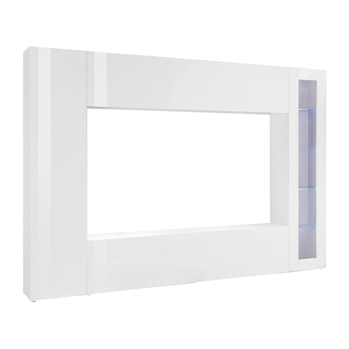 Parete attrezzata Amel, Set salotto porta TV a 4 ante, Mobile soggiorno multiuso, 100% Made in Italy, cm 260x30h180, Bianco lucido, con luce LED blu ed una vetrina