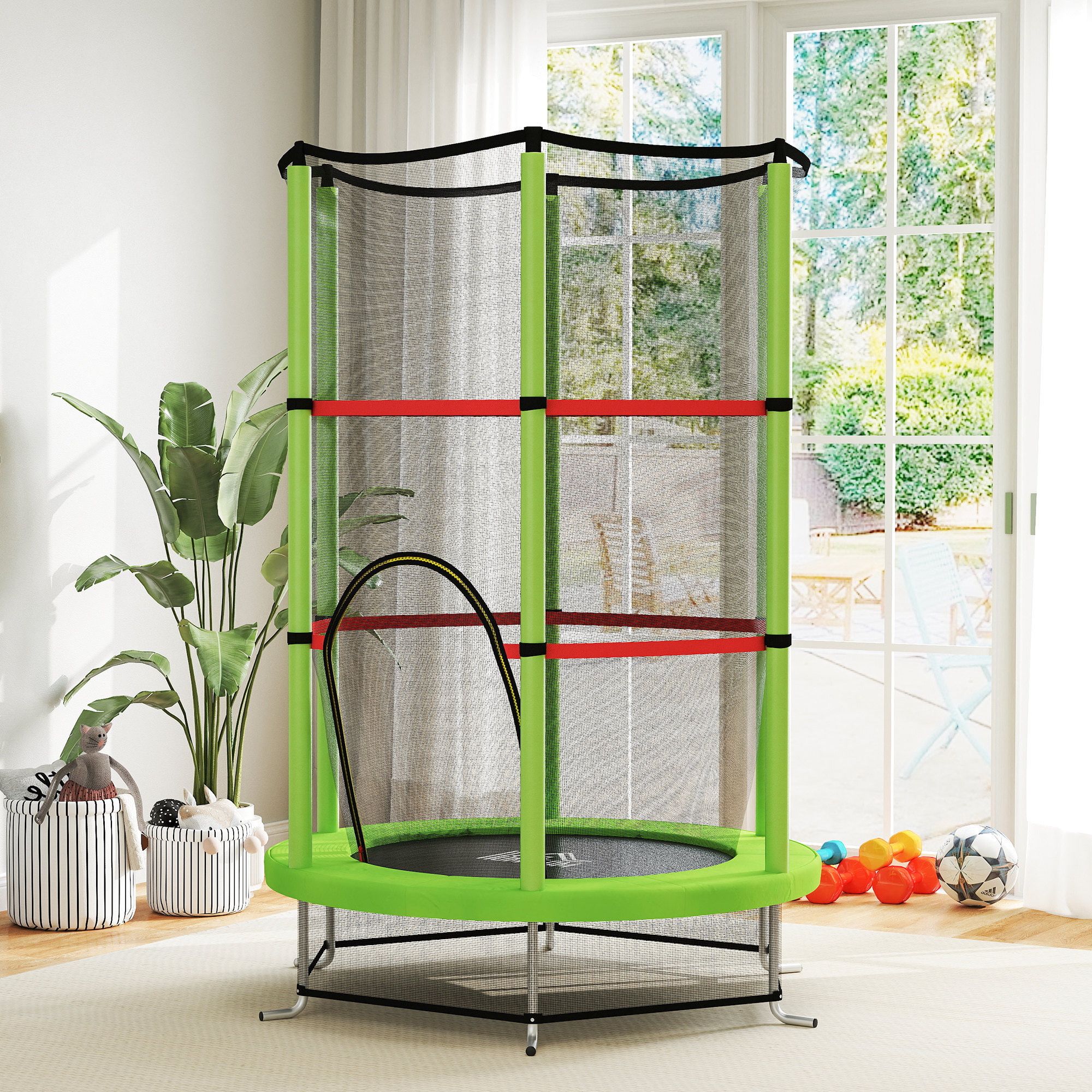 Trampoline enfant Ø140 cm max. 45 Kg - filet sécurité, porte zippée, 6 poteaux rembourrés - vert