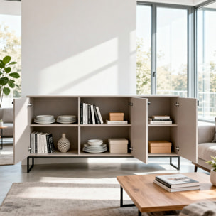 Madia con 3 Ante E Ripiani Interni Mobile Soggiorno Moderno In Melaminico Con Maniglie E Piedini Neri Per Sala da Pranzo 184 x 86 x 40 Cm Cashmere