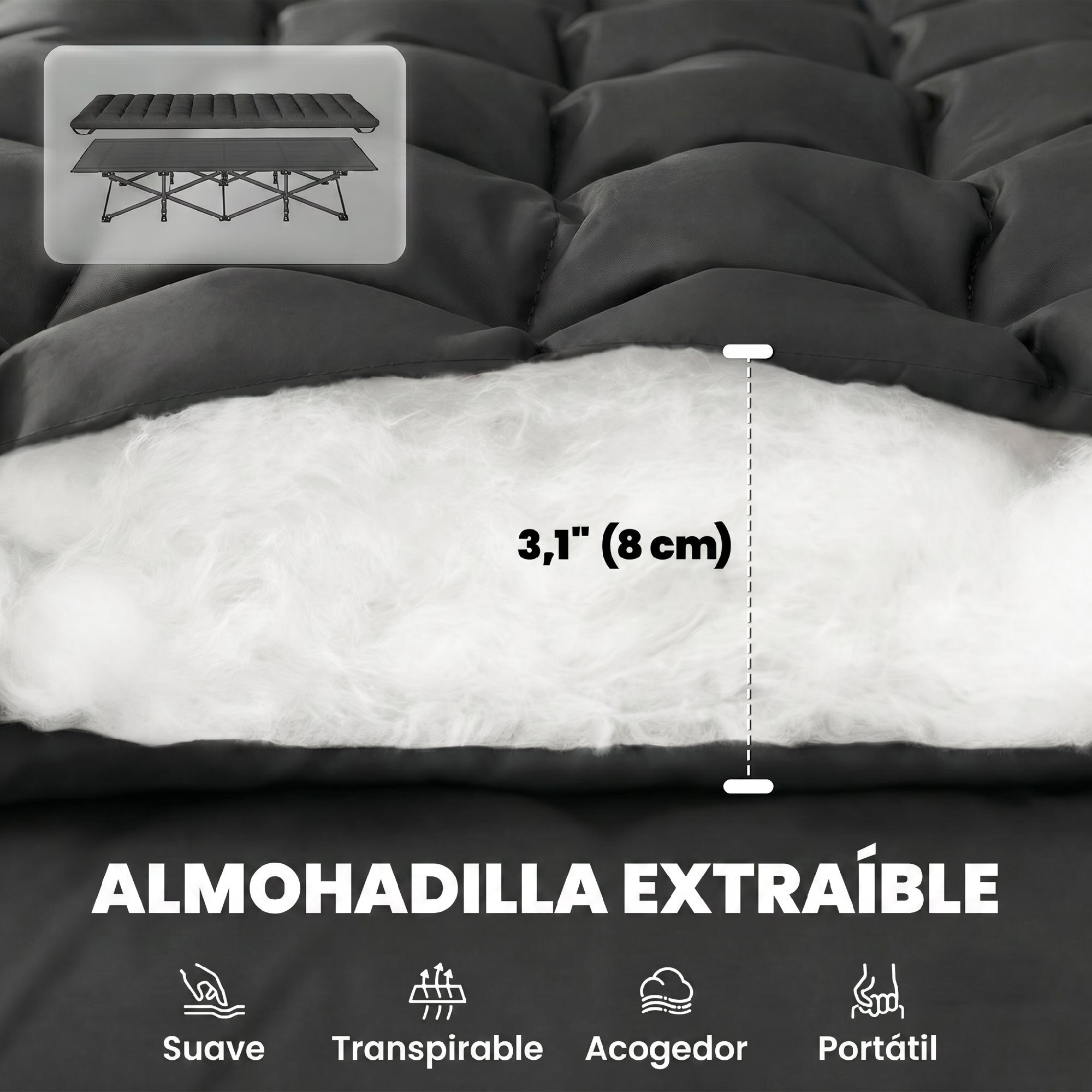 Cama Plegable Camping con Colchón Extraíble Cama de Acampada Portátil Extra Ancha 80 cm Tela Oxford 600D con Reposacabezas Bolsa Transporte Bolsillo Carga 200 kg para Playa Senderismo Negro