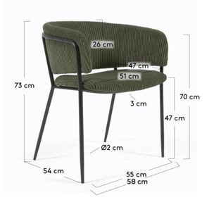 Kave Home - Sedia Runnie in velluto a coste verde scuro con gambe in acciaio verniciato nero