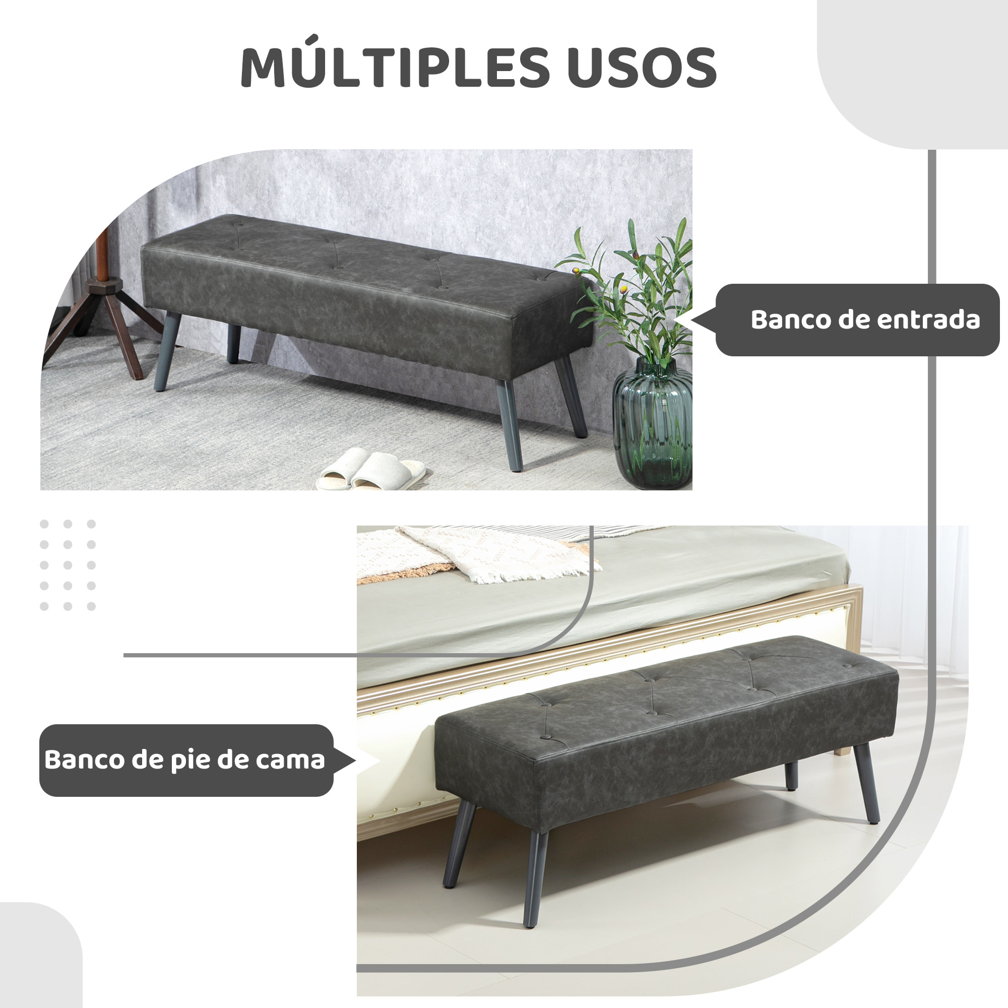 Taburete Pie de Cama Multifuncional Banco Pie de Cama Clásico Banqueta de Dormitorio con Pies de Madera y Asiento Acolchado Carga 220 kg para Entrada Pasillo 114x38x42 cm Gris