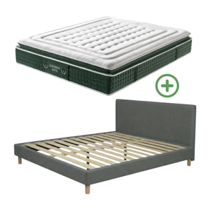 Ensemble matelas Jade & lit fixe Colisée | Mémoire de forme et ressorts ensachés | cadre à lattes | Simili cuir | Gris