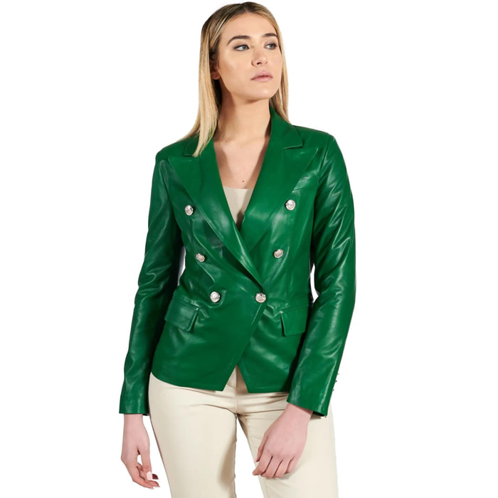 Giacca blazer doppio petto in pelle naturale verde