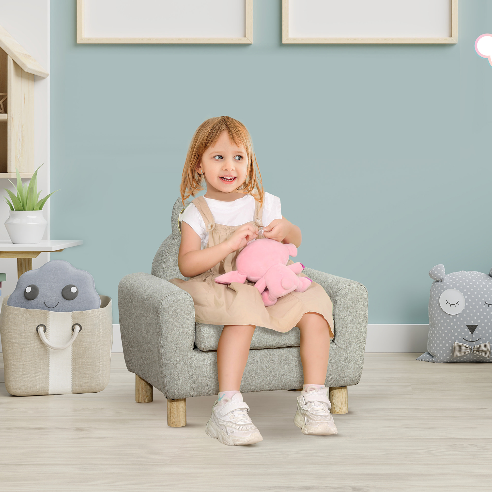 Sillón Infantil Mini Sofá para Niños de +3 Años con Asiento Acolchado Reposabrazos Bolsillo de Almacenamiento y Estructura de Madera Carga 45 kg 61x42x53 cm Gris