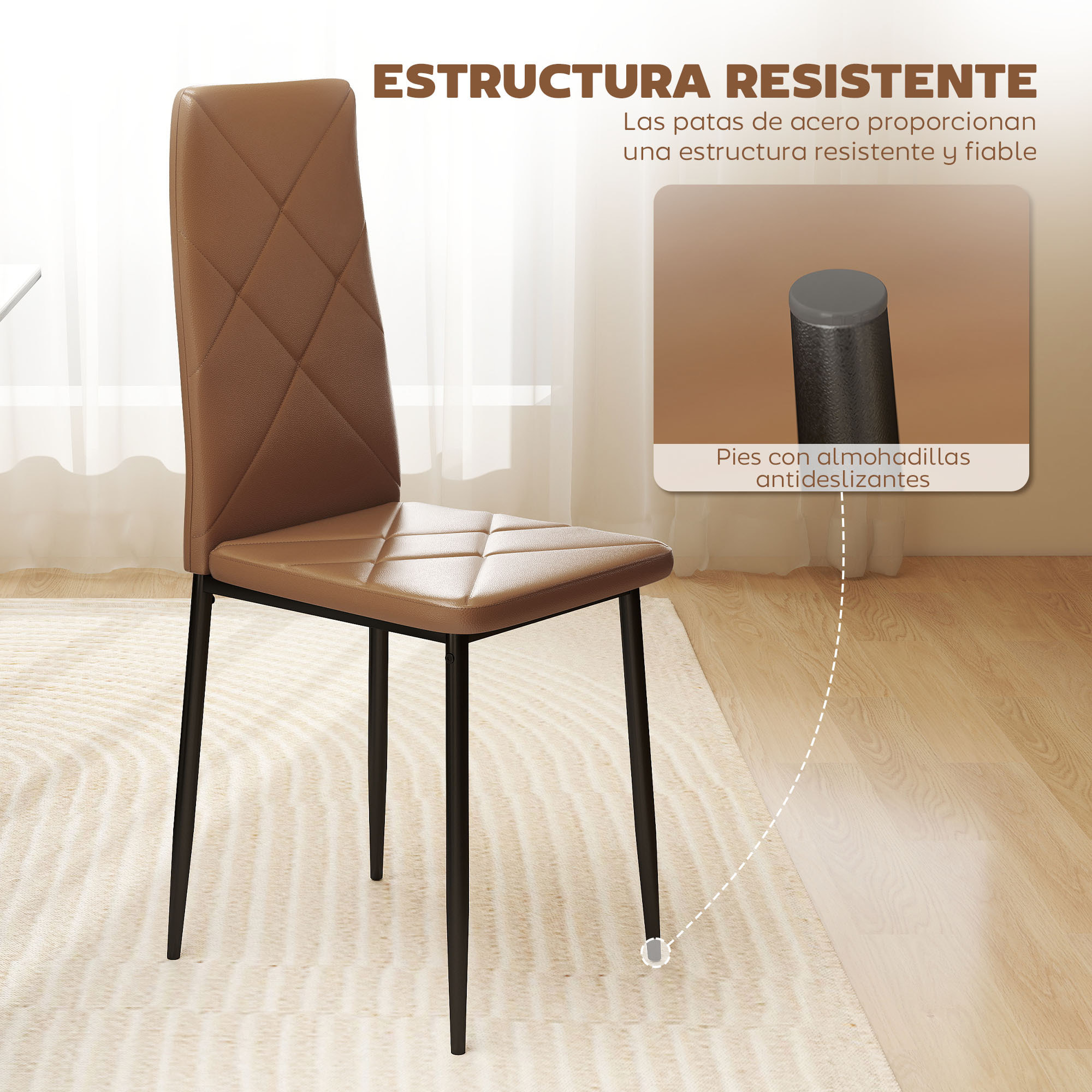 Pack de 4 Sillas de Comedor, Sillas de Cocina Modernas, Tapizadas de Cuero Sintética, Respaldo Alto, Asiento Acolchado, Patas de Acero, Marrón