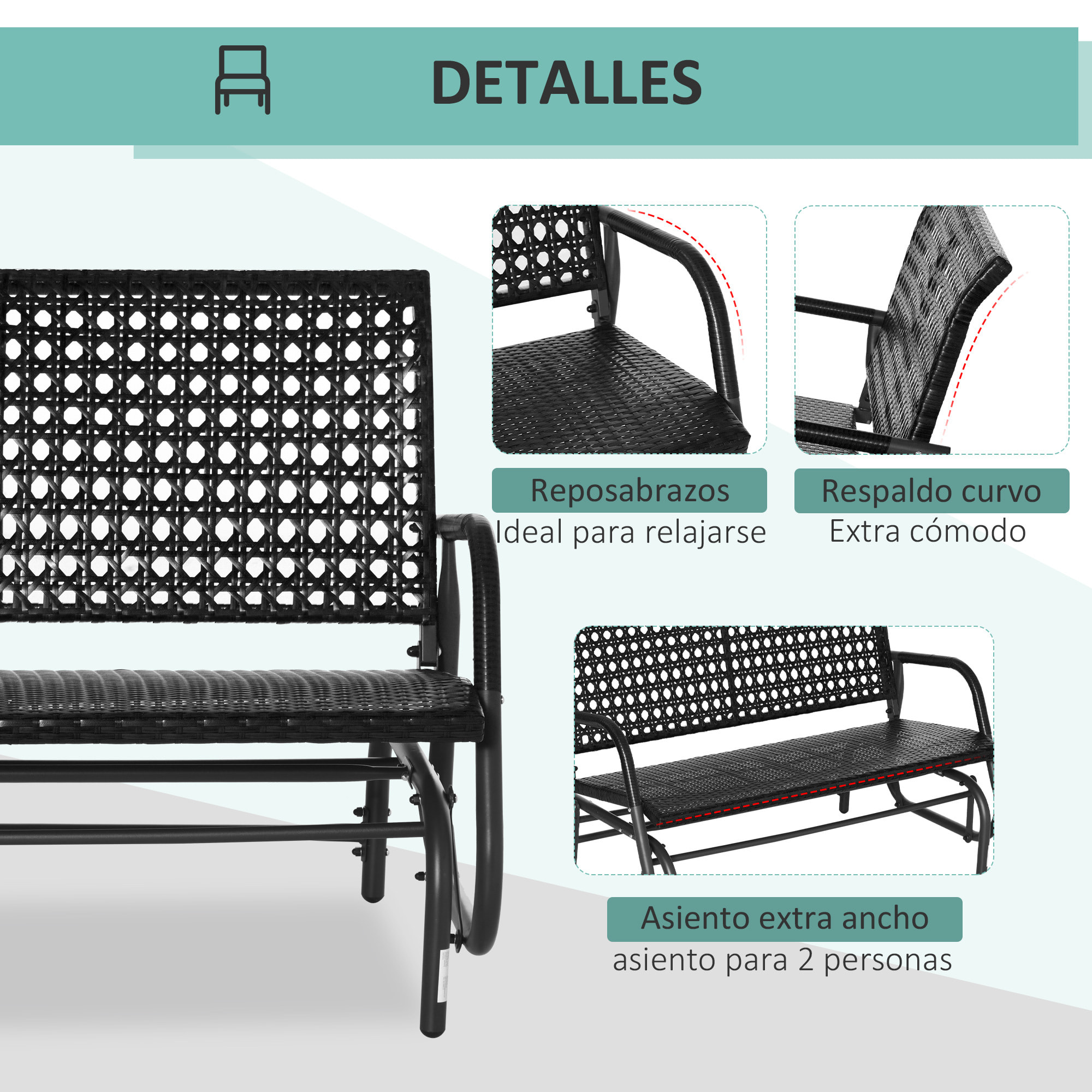 Outsunny Banco Balancín de Ratán de 2 Plazas Mecedora de Jardín con Balanceo Ergonómico y Marco de Metal para Terraza Balcón Exterior Carga 220 kg 70x120x84 cm Negro