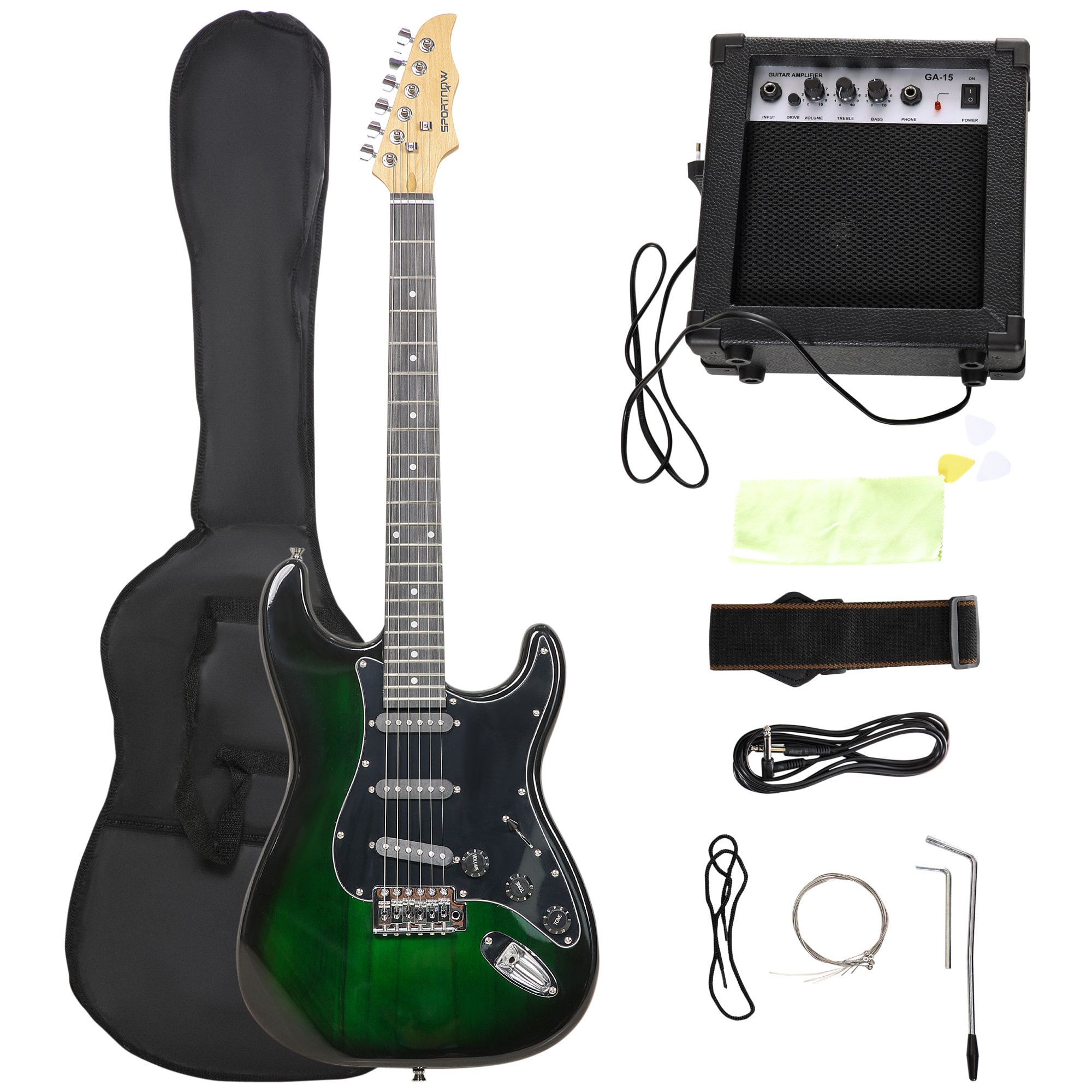 Kit Guitarra Eléctrica de Iniciación, Guitarra Eléctrica con Amplificador de 15W, Afinador Digital, Cuerdas, Correa, 3 Púas y Funda de Transporte, para Adultos, Adolescentes, Negro