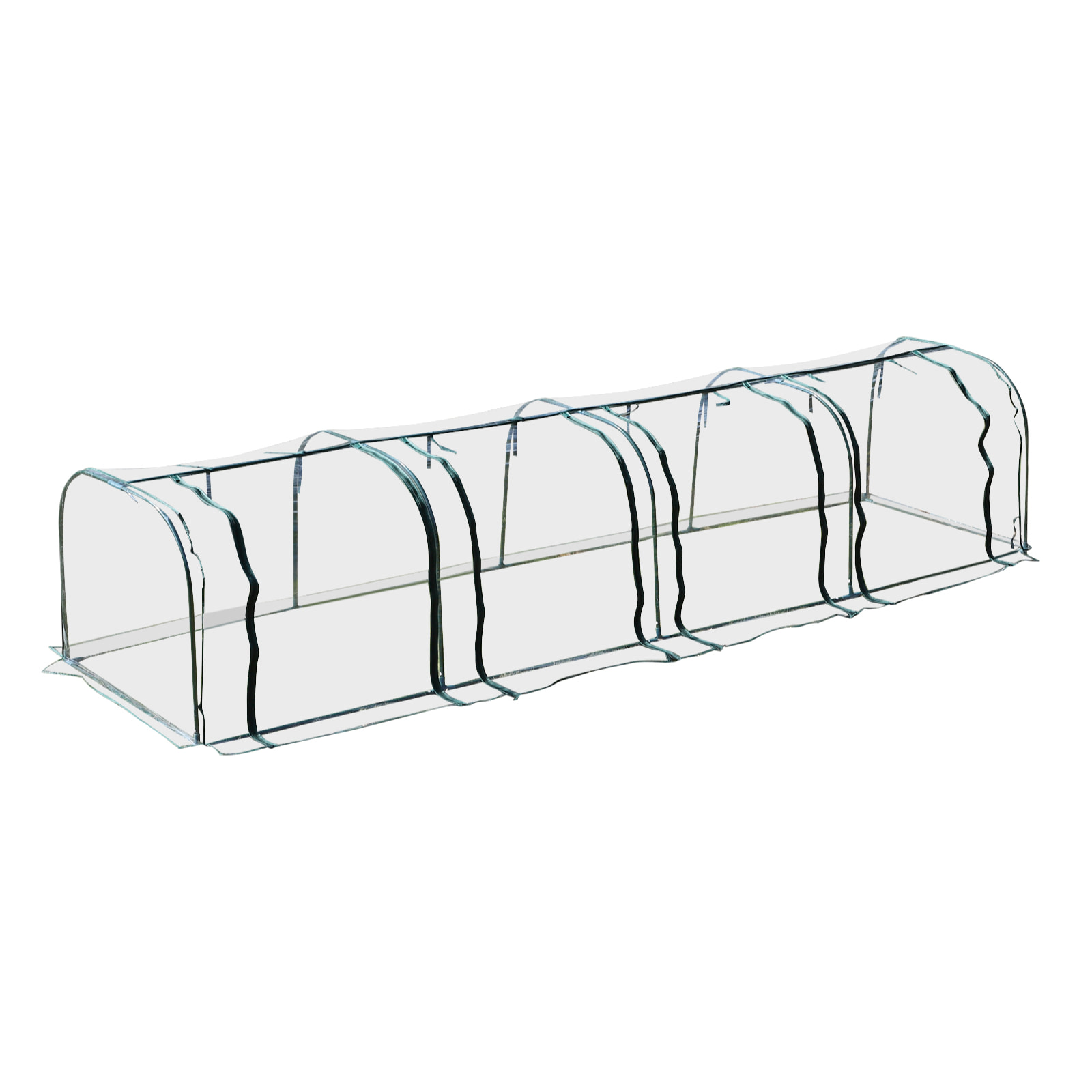 Serre de jardin tunnel 3,95L x 1l x 0,8H m 4 portes zippées bâche PVC transparent acier thermolaqué vert