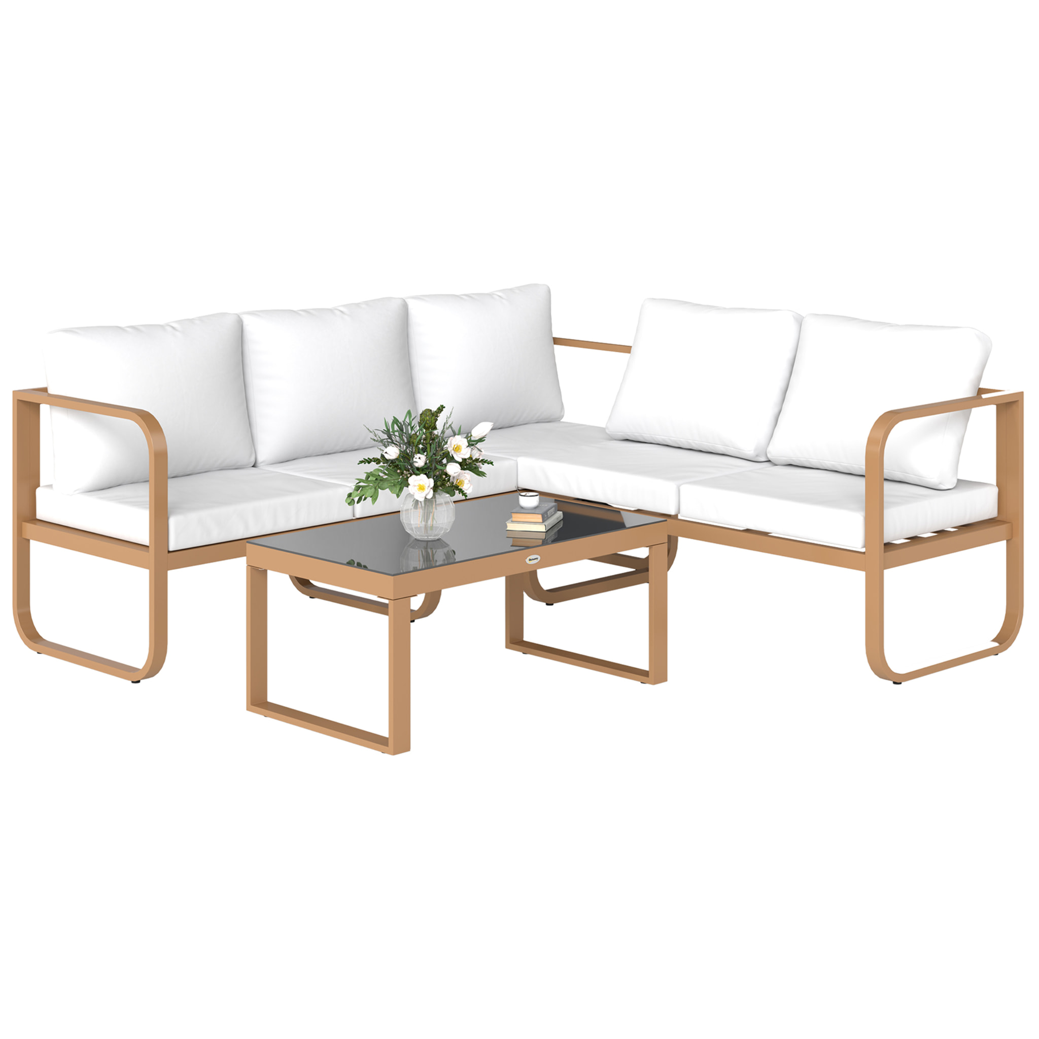 Conjunto de Jardín Exterior de 3 Piezas Muebles Jardín Exterior con Sofá de 3 Plazas con Asiento Ajustable Sofá de 2 Plazas y Mesa de Centro de Vidrio con Cojines Crema