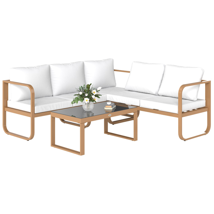 Conjunto de Jardín Exterior de 3 Piezas Muebles Jardín Exterior con Sofá de 3 Plazas con Asiento Ajustable Sofá de 2 Plazas y Mesa de Centro de Vidrio con Cojines Crema