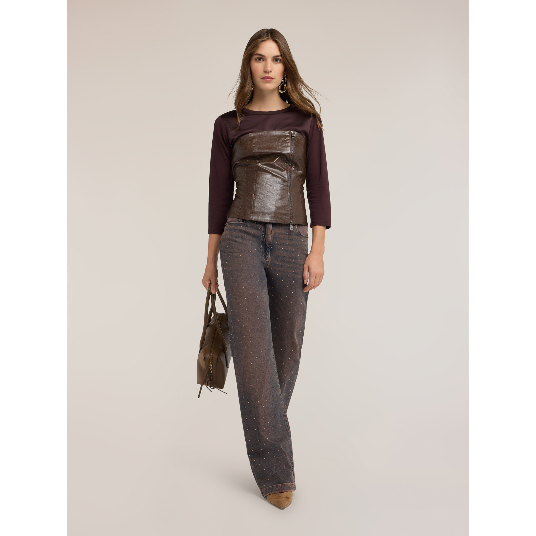 Motivi - Bustier lucido con effetto crinkle e zip - Marrone