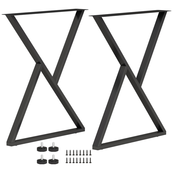 Patas de Mesa de Acero, Juego de 2 Patas en Forma de X para Muebles Industriales con Almohadillas Ajustables y Tornillos para Mesa de Comedor, Banco, 60x10x72 cm, Negro