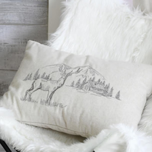 Coussin rectangulaire cerf esprit chalet brodé - Naturel