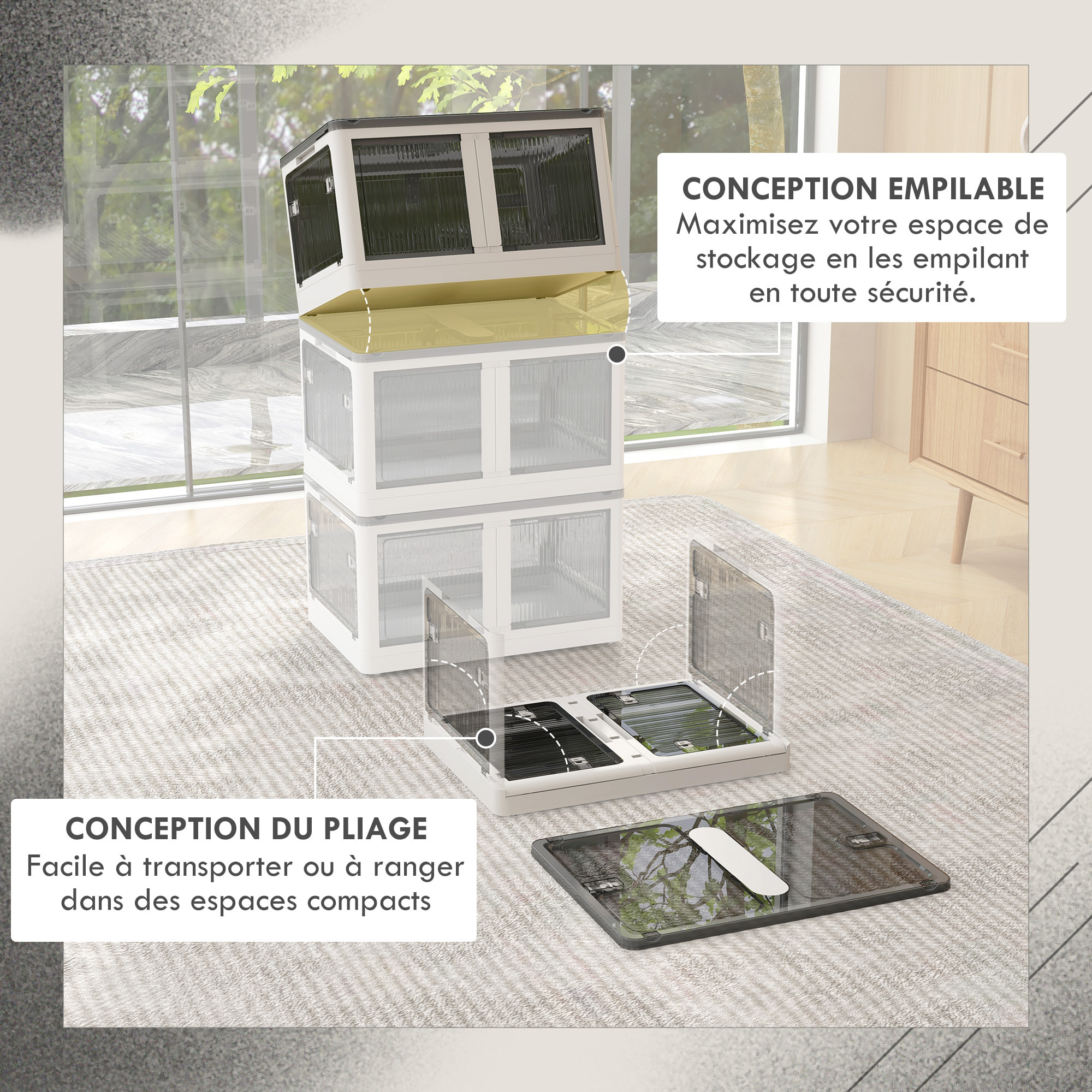 Boîte de rangement plastique 69L pliable empilable couvercle 4 roulettes accès 5 côtés blanc gris