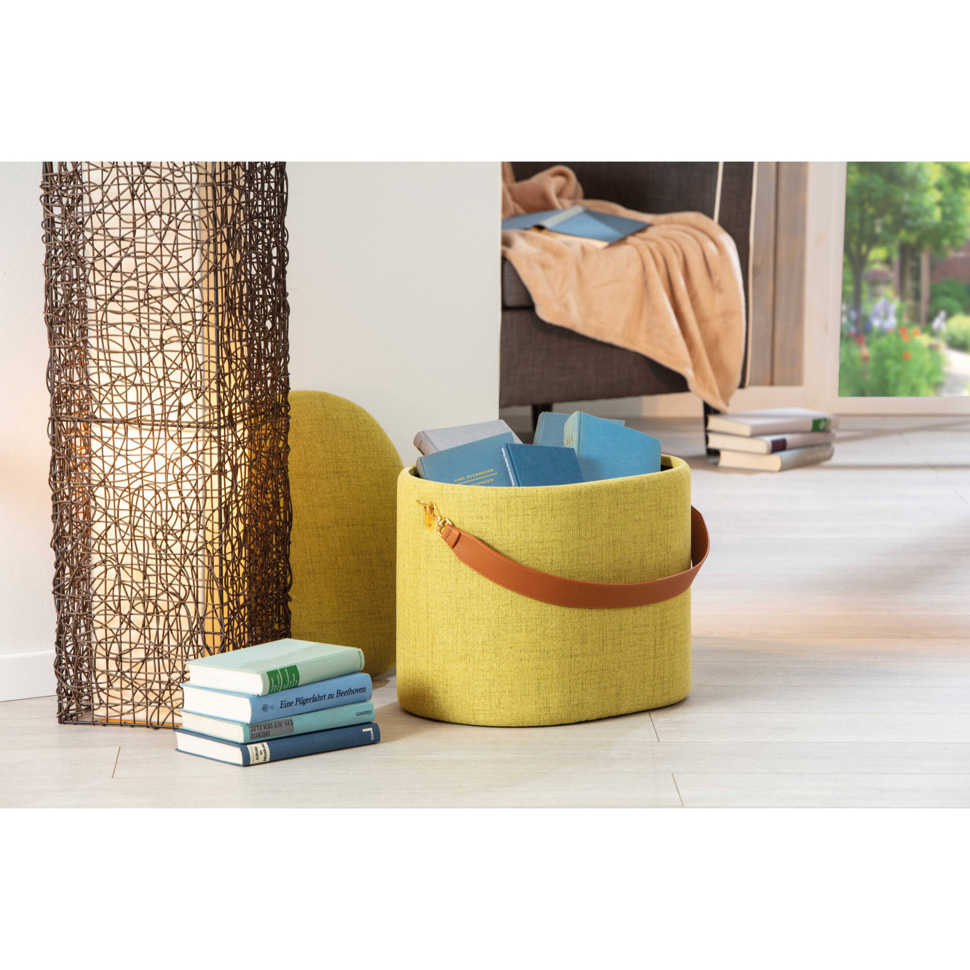 Pouf in tessuto con maniglia in ecopelle, 42 x 36 x 30, Giallo