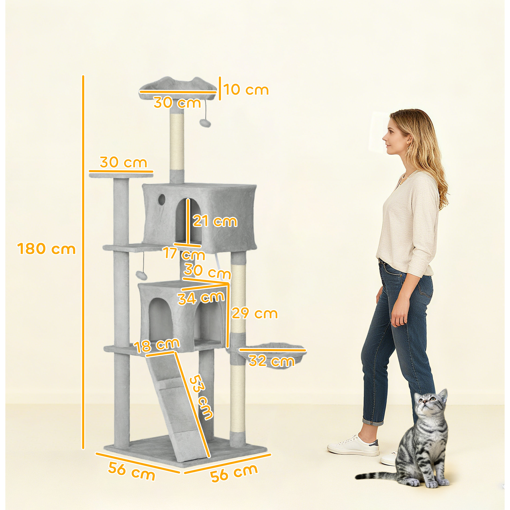 Árbol Rascador para Gatos, Árbol para Gatos 180 cm, Torre Escalador con Múltiples Plataformas, Cama, 2 Cuevas, Hamaca, Escalera, Postes de Sisal, Bolas para Jugar, Gris Claro