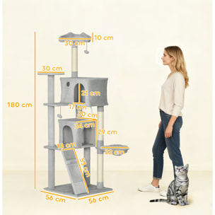 Árbol Rascador para Gatos, Árbol para Gatos 180 cm, Torre Escalador con Múltiples Plataformas, Cama, 2 Cuevas, Hamaca, Escalera, Postes de Sisal, Bolas para Jugar, Gris Claro