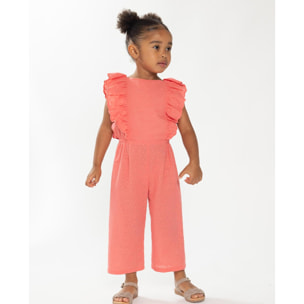 Mono bordado coral. De tirantes y pantalón largo, con volantes en la parte superior.