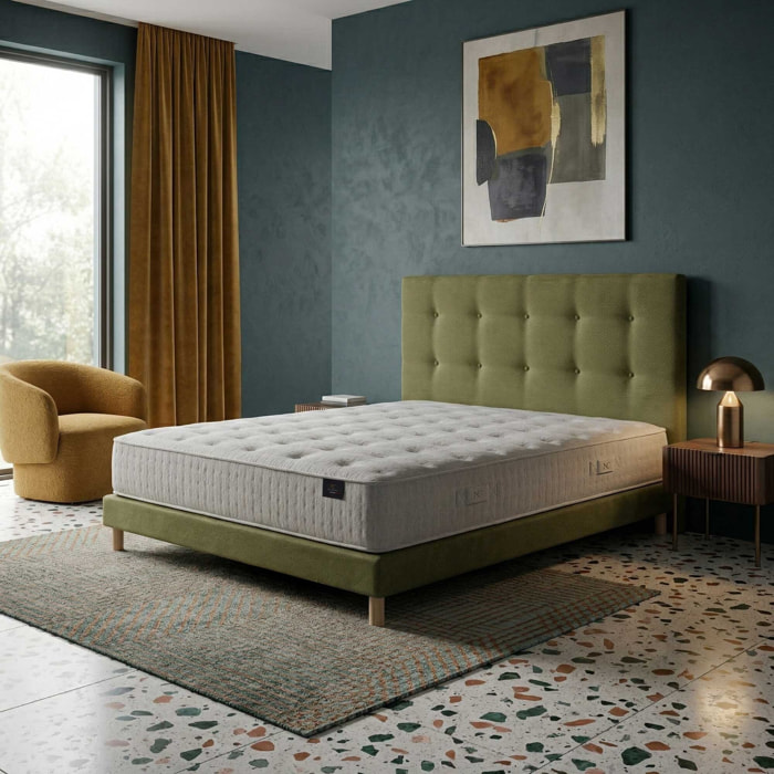 Ensemble matelas ressorts ensachés SÉLÉNÉ 2, accueil latex, H26 cm, sommier et tête de lit vert
