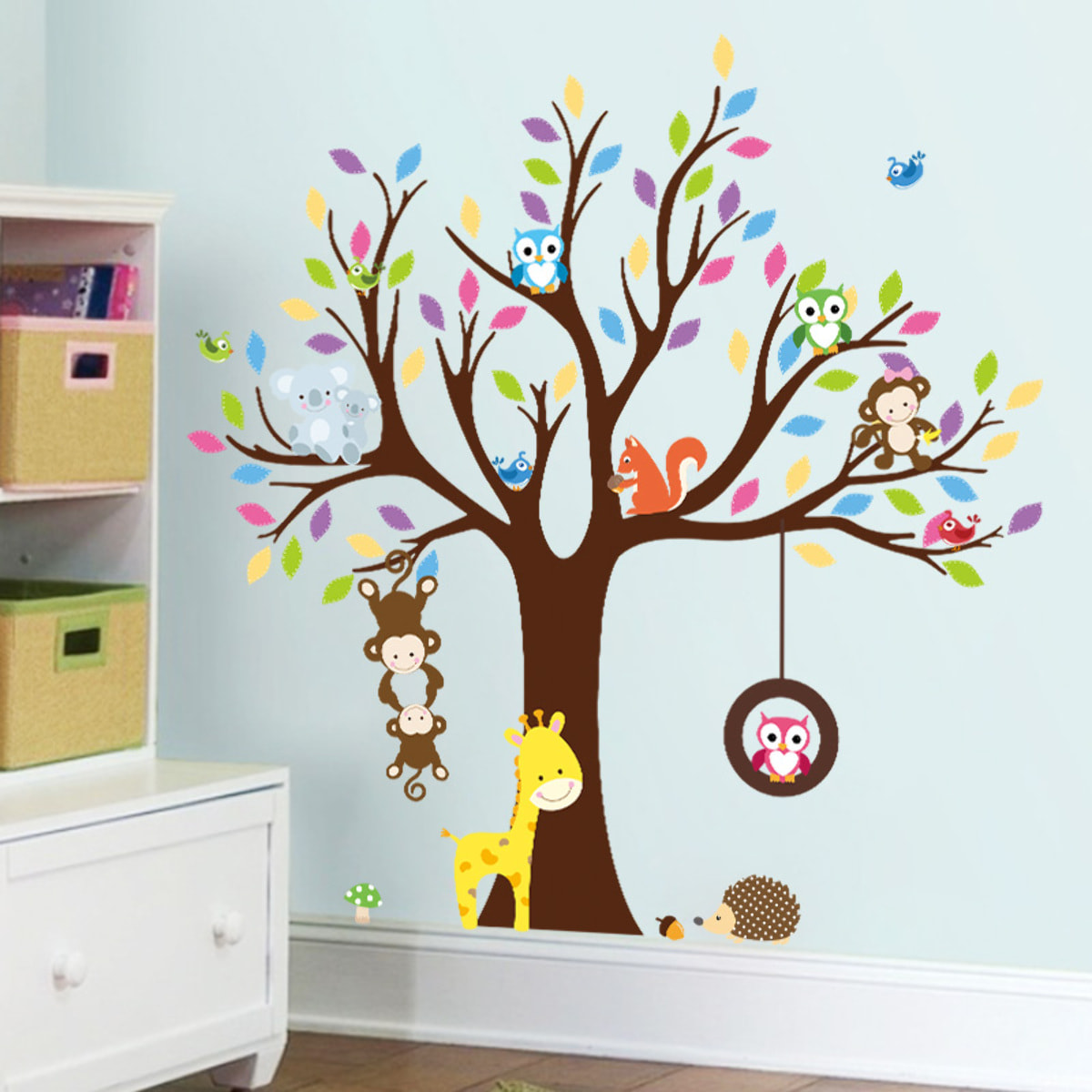 Stickers Muraux décoration adhésifs arbre géant avec singes, hibou et girafe