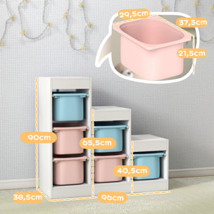 Rangement enfant - combinaison structure + bacs - coffre à jouet dim. 96L x 38l x 90H cm - blanc bleu rose pâle