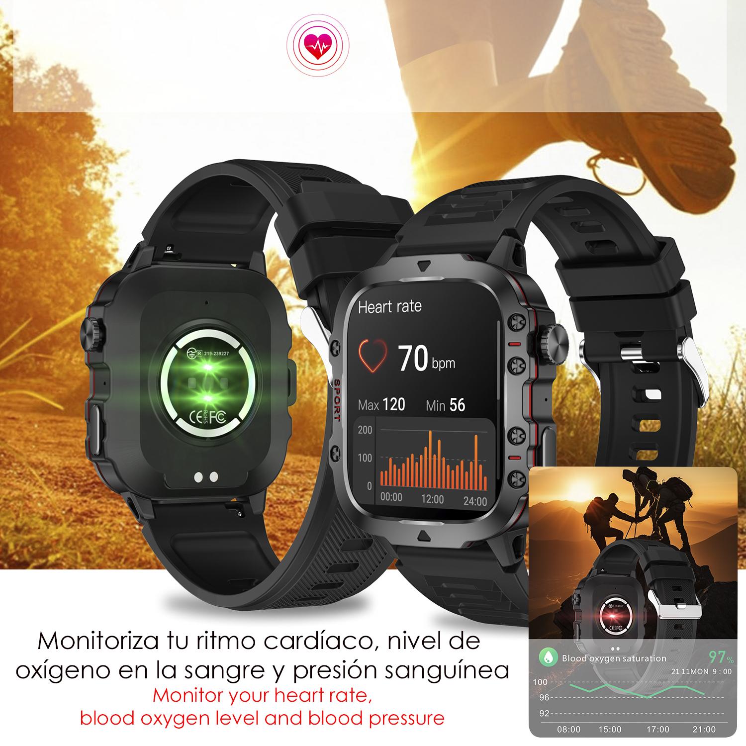 DAM Smartwatch QX11 outdoor. Llamadas Bluetooth, notificaciones push, más de 100 modos deportivos. Monitor cardiaco y O2. 5x1,2x4,3 Cm. Color: Negro