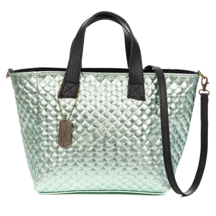 Cassandra bolso tote mujer. Piel auténtica Gamuza con grabado entrelazado y lacada brillante.