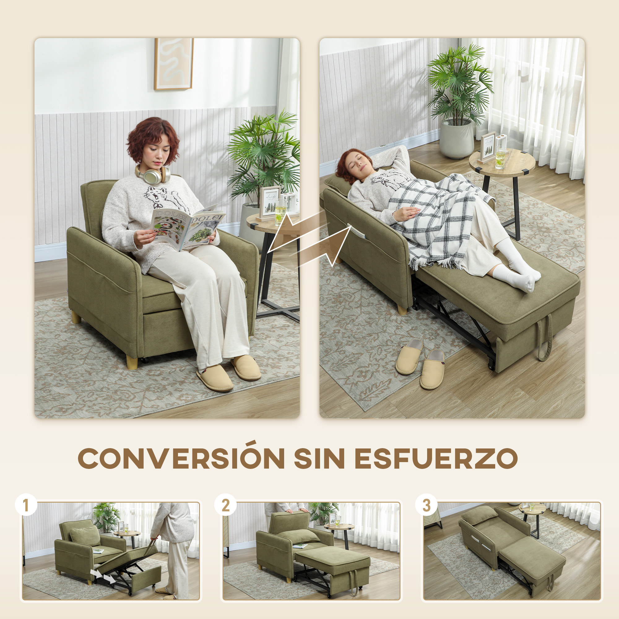 Sofá Cama de 1 Plaza 3 en 1, Sofá Cama Plegable Tapizado en Terciopelo Ecológico con Respaldo Ajustable 3 Niveles, 6 Bolsillos Laterales y Almohada, para Dormitorio, Salón, 74x85,5x82 cm Verde