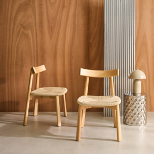 Lot de 2 chaises scandinaves en bois d'hévéa naturel et assise en corde beige