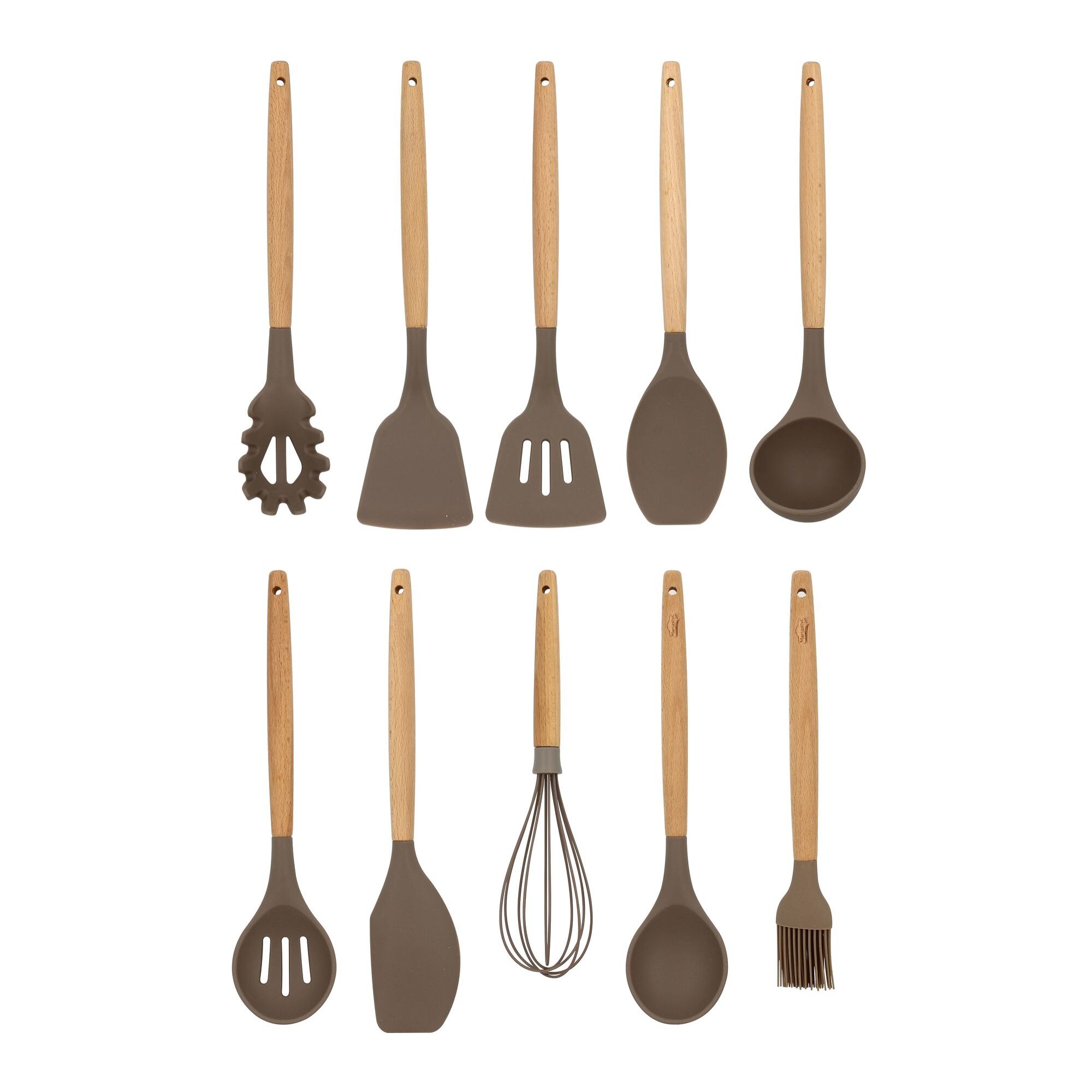 Lot de 10 ustensiles en silicone et manche en bois  ELIOTT